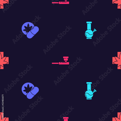 Set Glass bong for smoking marijuana, Herbal ecstasy tablets, Smoking pipe and Medical cannabis leaf on seamless pattern. Vector