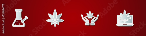 Set Glass bong for smoking cannabis, Marijuana leaf, and Laptop and marijuana icon. Vector
