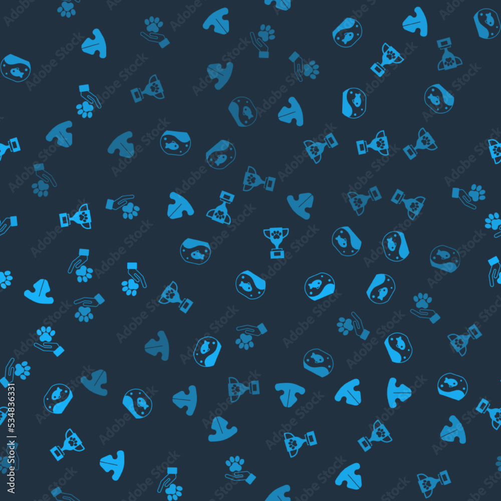 Set Cat nose, Aquarium with fish, Pet award and Hands animals footprint on seamless pattern. Vector Set Cat nose, Aquarium with fish, Pet award and Hands animals footprint on seamless pattern. Vector
