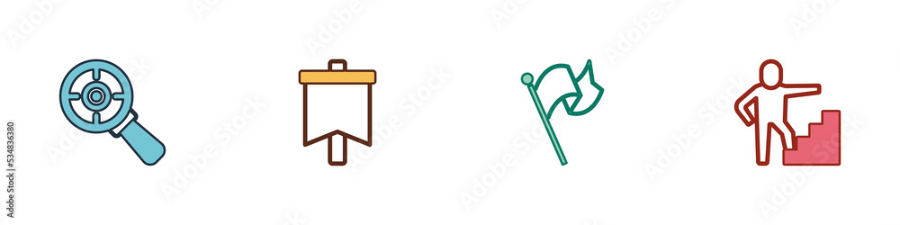 Set Target with magnifying glass, Flag, and Stair finish flag icon. Vector Set Target with magnifying glass, Flag, and Stair finish flag icon. Vector