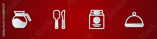 Set Coffee pot, Knife and spoon, Online ordering delivery and Covered with tray icon. Vector