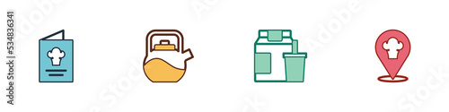 Set Cookbook, Kettle with handle, Online ordering delivery and Chef hat location icon. Vector