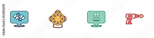Set Flippers for swimming, Aqualung, Scallop sea shell and Fishing harpoon icon. Vector