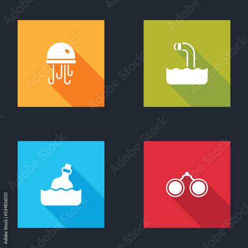 Set Jellyfish, Periscope, Bottle with message in water and Binoculars icon. Vector