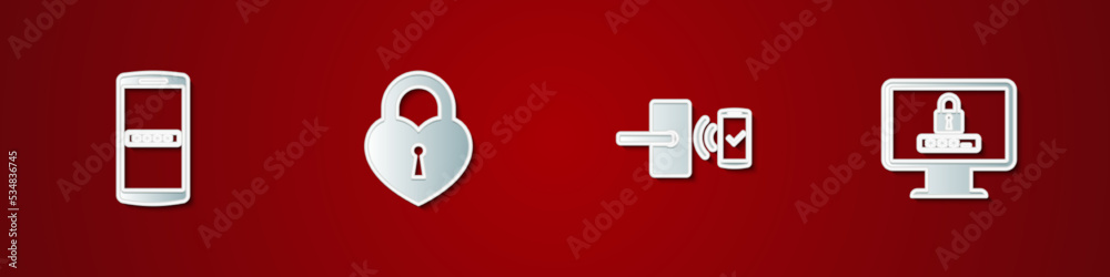 Set Mobile and password, Castle in the shape of heart, Digital door lock with wireless and Monitor icon. Vector Set Mobile and password, Castle in the shape of heart, Digital door lock with wireless and Monitor icon. Vector