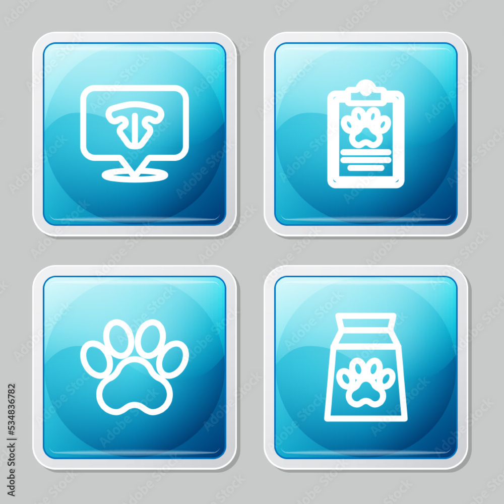 Set line Cat nose, Clinical record pet, Paw print and Bag of food for icon. Vector