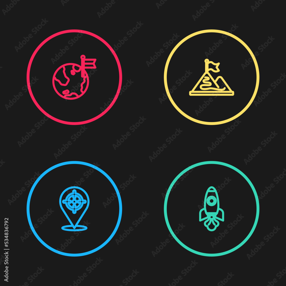 Set line Target, Rocket ship, Mountains with flag and Planet icon. Vector Set line Target, Rocket ship, Mountains with flag and Planet icon. Vector