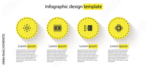 Set Distribution, Cryptocurrency bitcoin with circuit, Proof of stake and CPU mining farm. Business infographic template. Vector