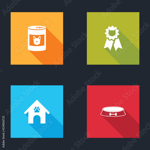 Set Canned food for dog, Cat award symbol, Dog house and paw print pet and Pet bowl icon. Vector