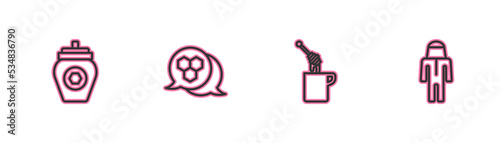 Set line Jar of honey, Honey dipper stick with, Honeycomb and Beekeeper protect hat icon. Vector