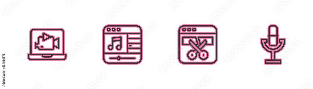 Set line Online play video, Video recorder or editor, Music player and Microphone icon. Vector Set line Online play video, Video recorder or editor, Music player and Microphone icon. Vector