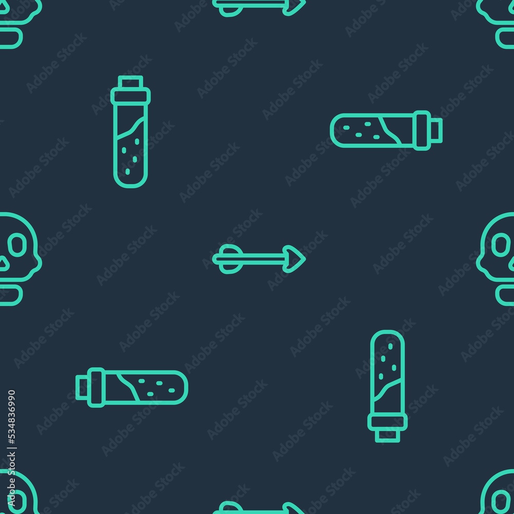 Set line Arrow, Bottle with potion and Skull on seamless pattern. Vector Set line Arrow, Bottle with potion and Skull on seamless pattern. Vector