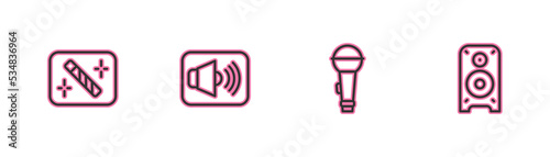 Set line Photo retouching, Microphone, Speaker volume and Stereo speaker icon. Vector