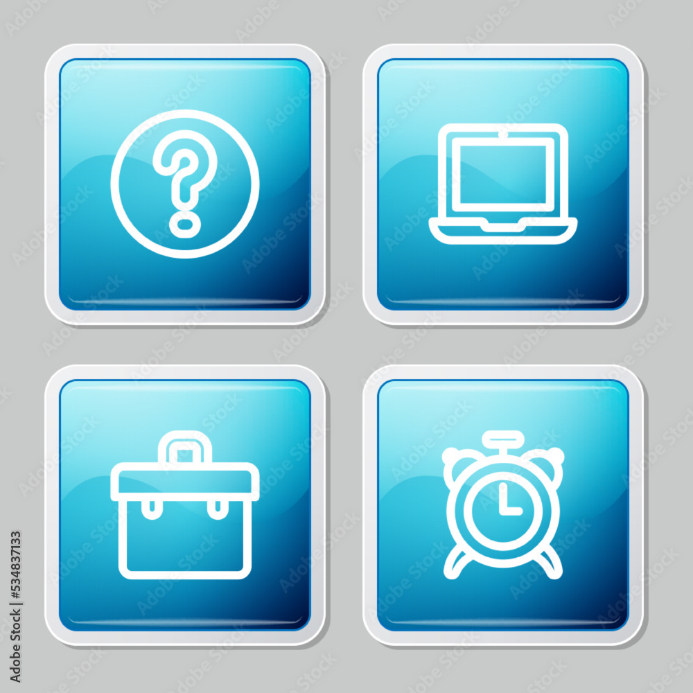 Set line Speech bubbles with Question, Laptop, Briefcase and Alarm clock icon. Vector Set line Speech bubbles with Question, Laptop, Briefcase and Alarm clock icon. Vector