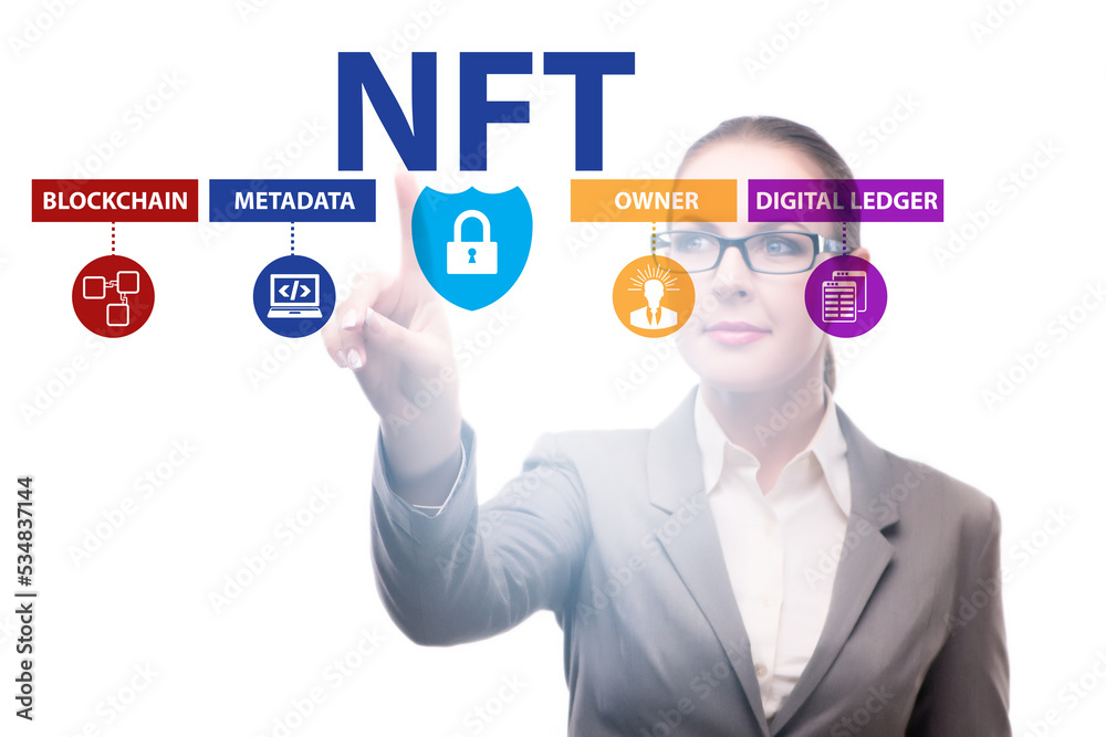 Businesswoman in NFT non fungible concept Businesswoman in NFT non fungible concept
