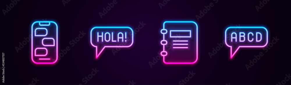 Set line New chat messages notification, Hola in different languages, Notebook and Alphabet. Glowing neon icon. Vector Set line New chat messages notification, Hola in different languages, Notebook and Alphabet. Glowing neon icon. Vector