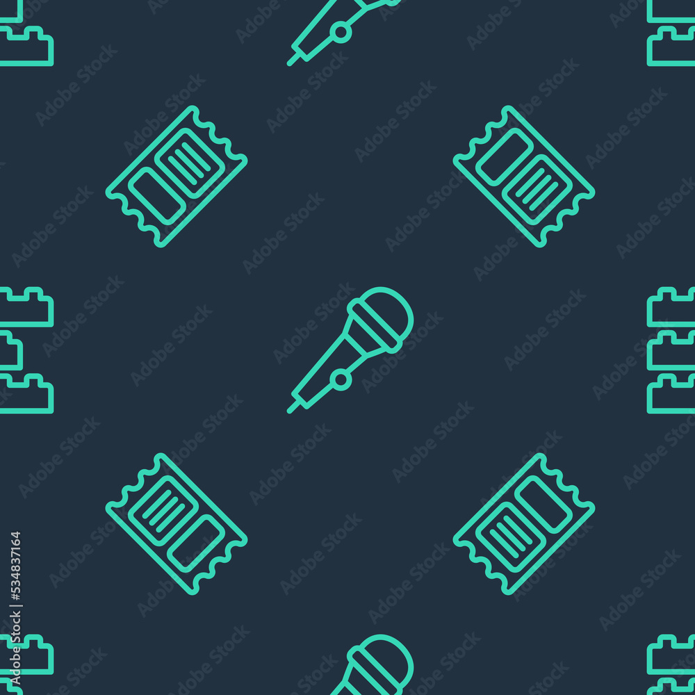 Set line Microphone, Circus ticket and Toy building block bricks on seamless pattern. Vector Set line Microphone, Circus ticket and Toy building block bricks on seamless pattern. Vector