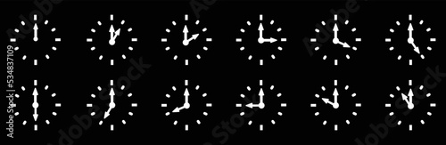 Clock icon. Time and clock icon set. Complete 12 hours pointed clockwise o'clock sharp. Black simple flat designs style. Vector illustration. Set of analogs.
