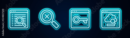 Set line Search engine, Magnifying glass and delete, Secure your site with HTTPS, SSL and Cloud technology data transfer. Glowing neon icon. Vector