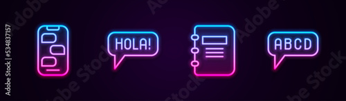 Set line New chat messages notification, Hola in different languages, Notebook and Alphabet. Glowing neon icon. Vector