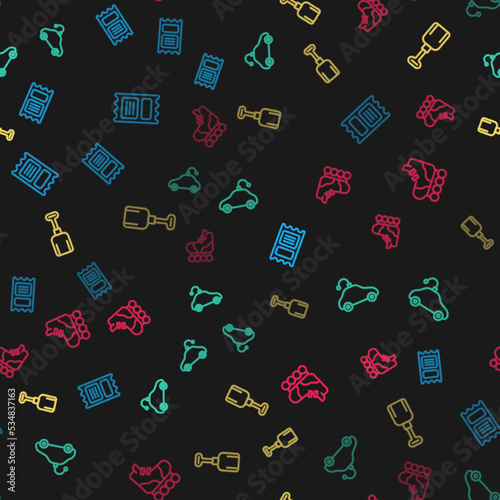 Set line Circus ticket, Radio controlled car toy, Shovel and Roller skate on seamless pattern. Vector