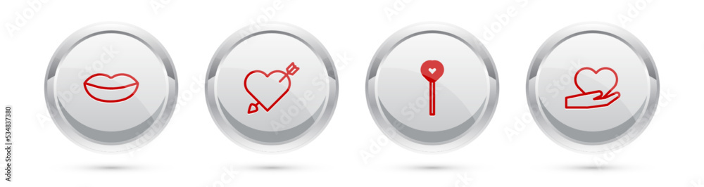 Set line Smiling lips, Amour with heart and arrow, Lollipop and Heart hand. Silver circle button. Vector Set line Smiling lips, Amour with heart and arrow, Lollipop and Heart hand. Silver circle button. Vector