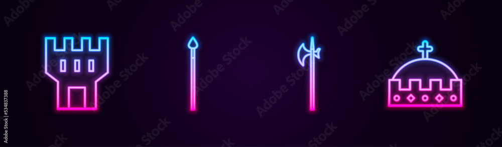 Set line Castle tower, Medieval spear, halberd and King crown. Glowing neon icon. Vector Set line Castle tower, Medieval spear, halberd and King crown. Glowing neon icon. Vector