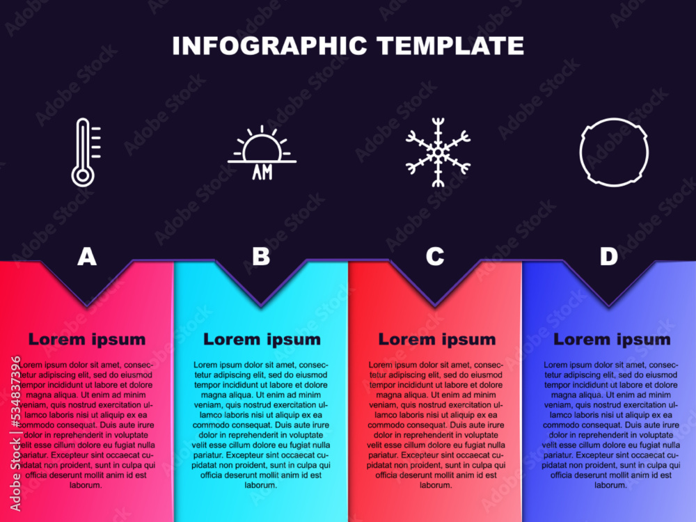 Set line Meteorology thermometer, Sunrise, Snowflake and Moon. Business infographic template. Vector