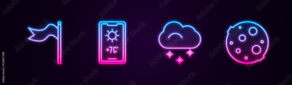 Set line Meteorology windsock wind vane, Weather forecast, Cloud with snow and Moon. Glowing neon icon. Vector Set line Meteorology windsock wind vane, Weather forecast, Cloud with snow and Moon. Glowing neon icon. Vector