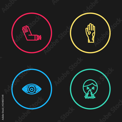 Set line Reddish eye allergic conjunctivitis, Handkerchief to his runny nose, with psoriasis or eczema and Inhaler icon. Vector