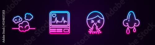 Set line Dust, Monitor with cardiogram, Handkerchief his runny nose and Runny. Glowing neon icon. Vector