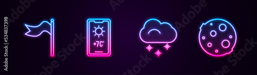 Set line Meteorology windsock wind vane, Weather forecast, Cloud with snow and Moon. Glowing neon icon. Vector