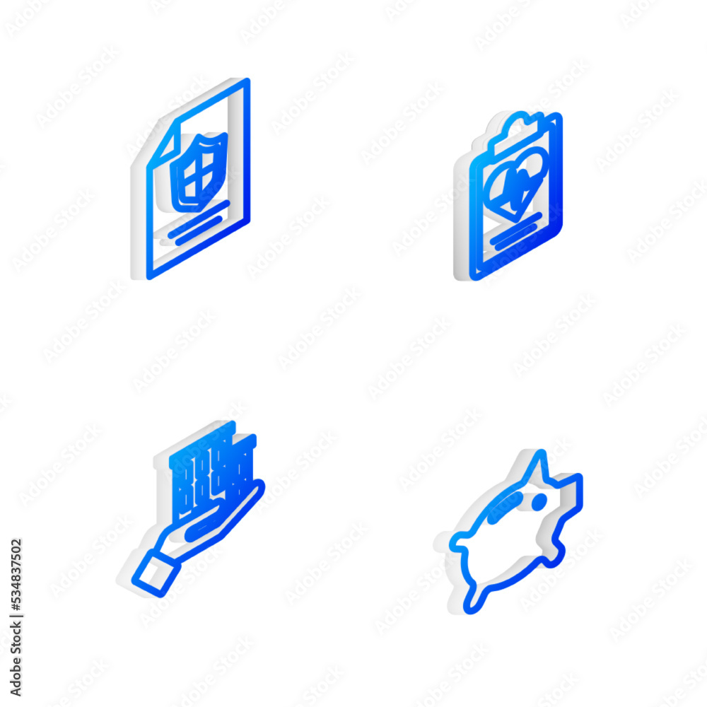 Set Isometric line Health insurance, Contract with shield, House and Piggy bank icon. Vector Set Isometric line Health insurance, Contract with shield, House and Piggy bank icon. Vector