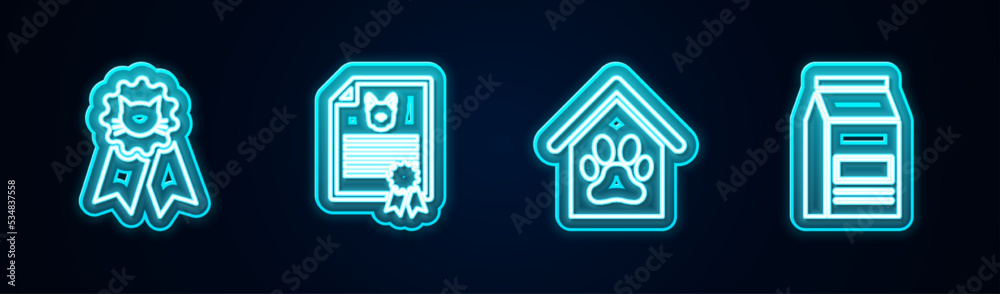 Set line Cat award symbol, Certificate for dog or cat, Dog house and paw print pet and Bag of food. Glowing neon icon. Vector Set line Cat award symbol, Certificate for dog or cat, Dog house and paw print pet and Bag of food. Glowing neon icon. Vector