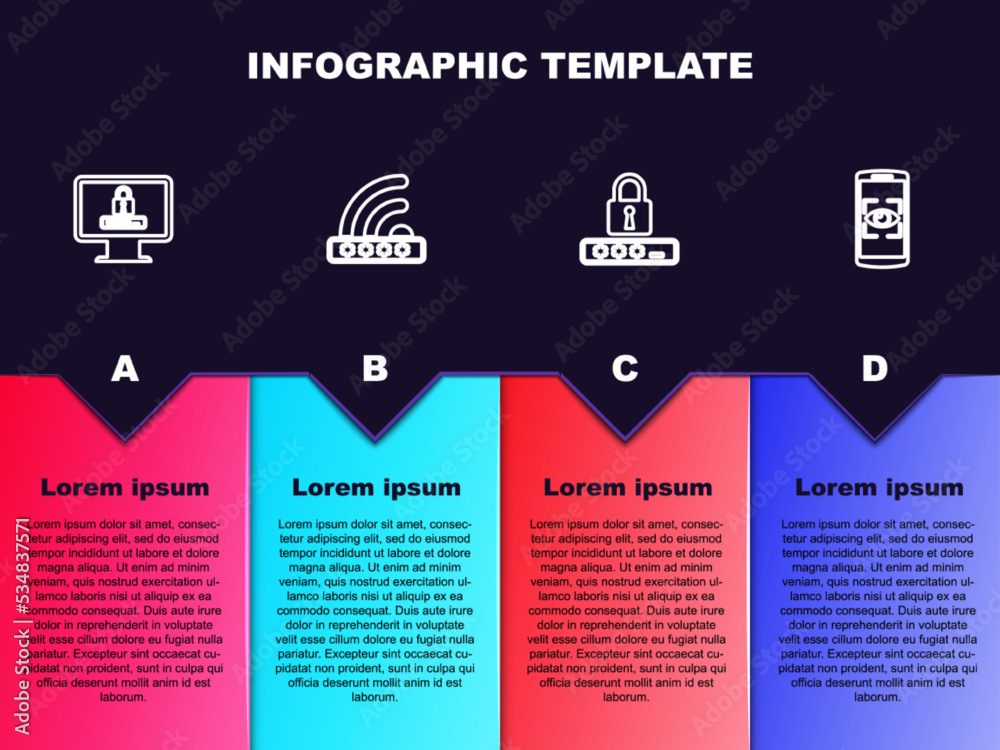 Set line Monitor with password, Wifi locked, Password protection and Mobile and eye scan. Business infographic template. Vector