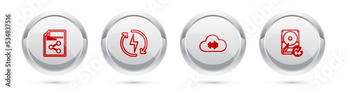 Set line Share file, Recharging, Music streaming service and Hard disk drive with clockwise. Silver circle button. Vector