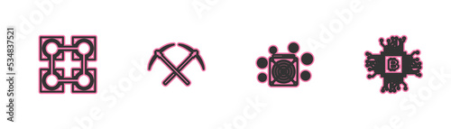 Set line Blockchain technology, ASIC Miner, Crossed pickaxe and CPU mining farm icon. Vector
