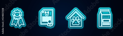 Set line Cat award symbol, Certificate for dog or cat, Dog house and paw print pet and Bag of food. Glowing neon icon. Vector