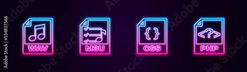 Set line WAV file document, M3U, CSS and PHP. Glowing neon icon. Vector