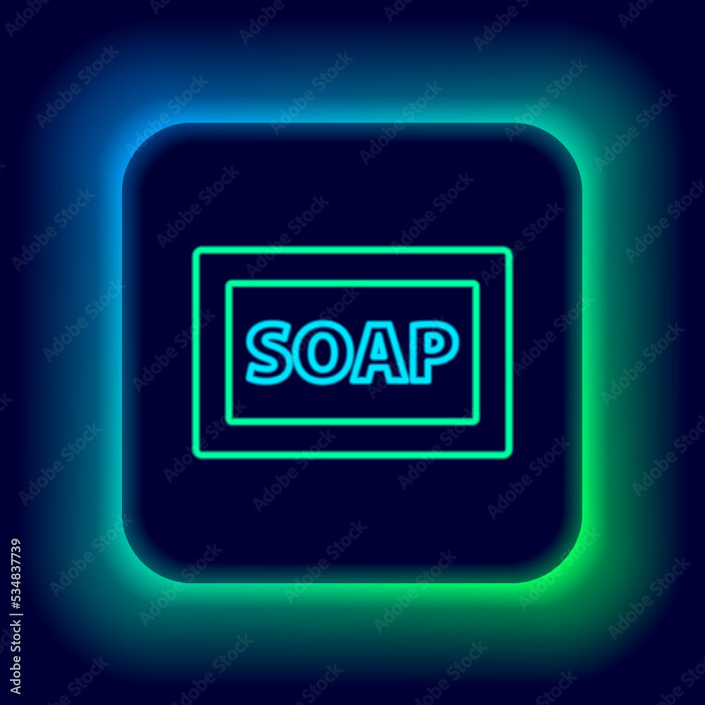 Glowing neon line Bar of soap icon isolated on black background. Soap bar with bubbles. Colorful outline concept. Vector Glowing neon line Bar of soap icon isolated on black background. Soap bar with bubbles. Colorful outline concept. Vector