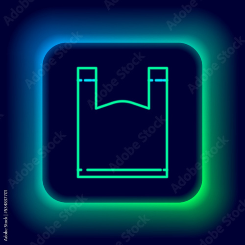 Glowing neon line Plastic bag icon isolated on black background. Disposable cellophane and polythene package prohibition sign. Colorful outline concept. Vector