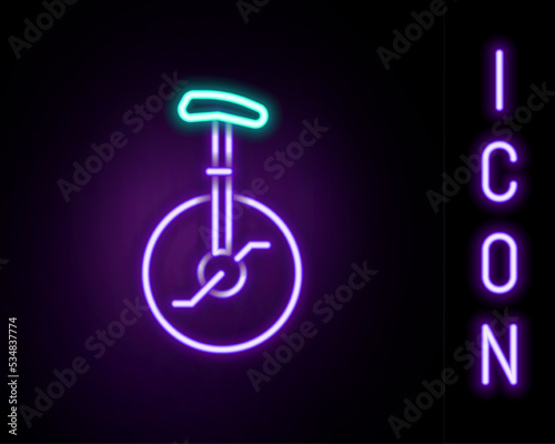 Glowing neon line Unicycle or one wheel bicycle icon isolated on black background. Monowheel bicycle. Colorful outline concept. Vector