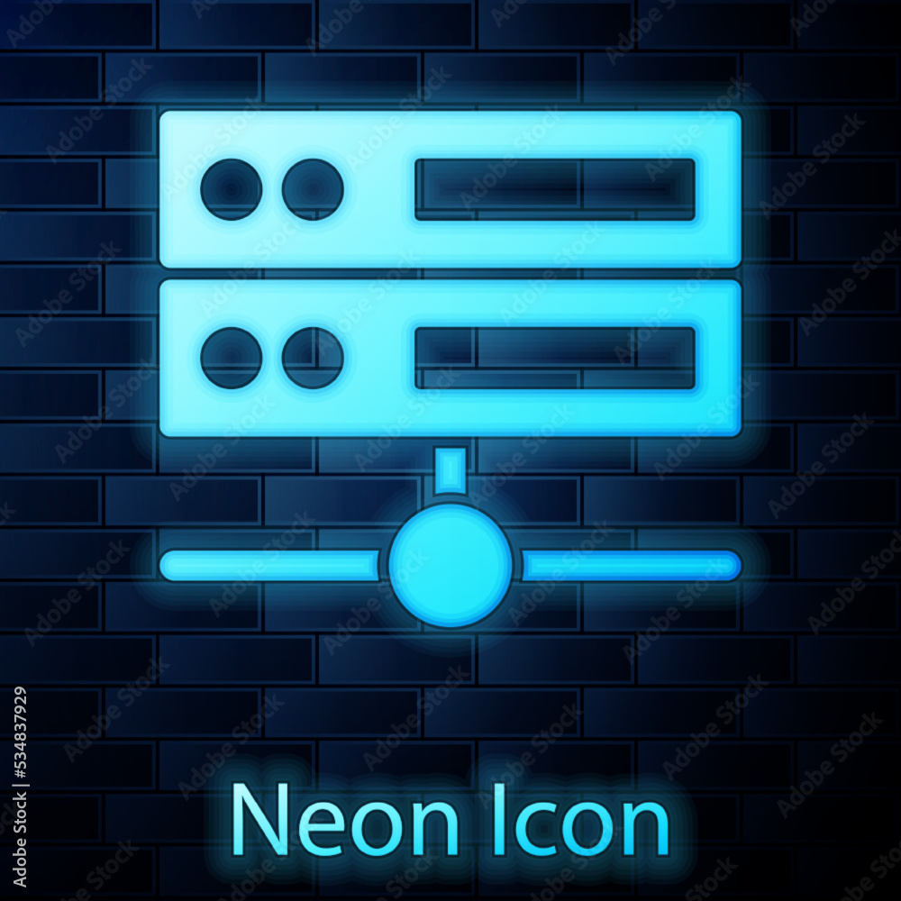 Glowing neon Server, Data, Web Hosting icon isolated on brick wall background. Vector Glowing neon Server, Data, Web Hosting icon isolated on brick wall background. Vector