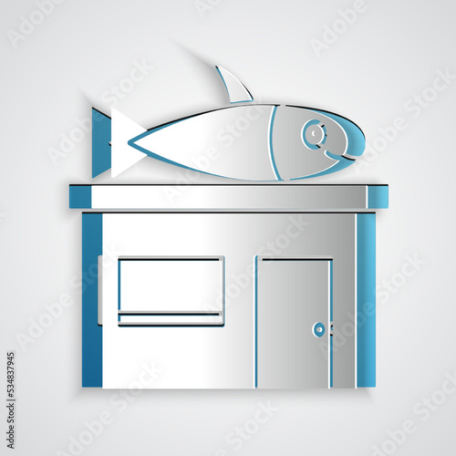 Paper cut Seafood store icon isolated on grey background. Facade of seafood market. Paper art style. Vector.