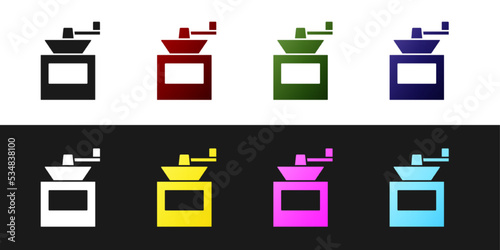 Set Manual coffee grinder icon isolated on black and white background. Vector