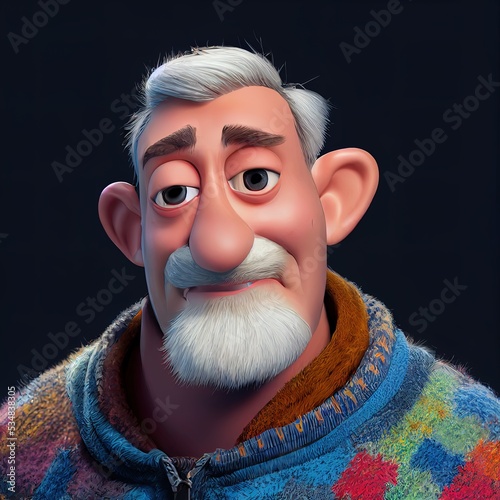 Experienced modern alpinist, mountain climbing man with beard. Cartoon big eyed close up portrait. Animated movie character design isolated. Digital art style, realistic light render. 3D illustration.