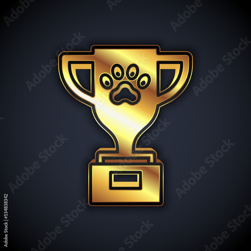 Gold Pet award symbol icon isolated on black background. Medal with dog footprint as pets exhibition winner concept. Vector