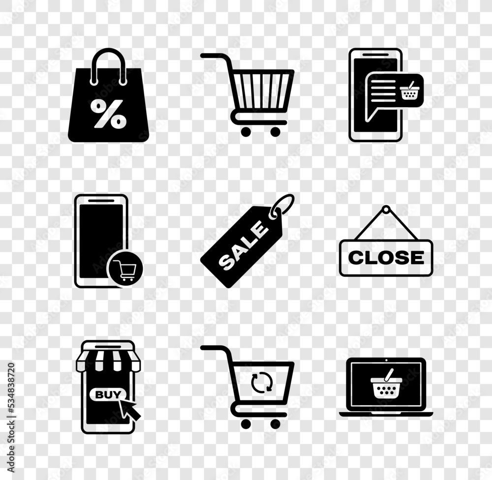 Set Shopping bag with percent, cart, Mobile and shopping basket, Refresh, on laptop, and Price tag Sale icon. Vector Set Shopping bag with percent, cart, Mobile and shopping basket, Refresh, on laptop, and Price tag Sale icon. Vector