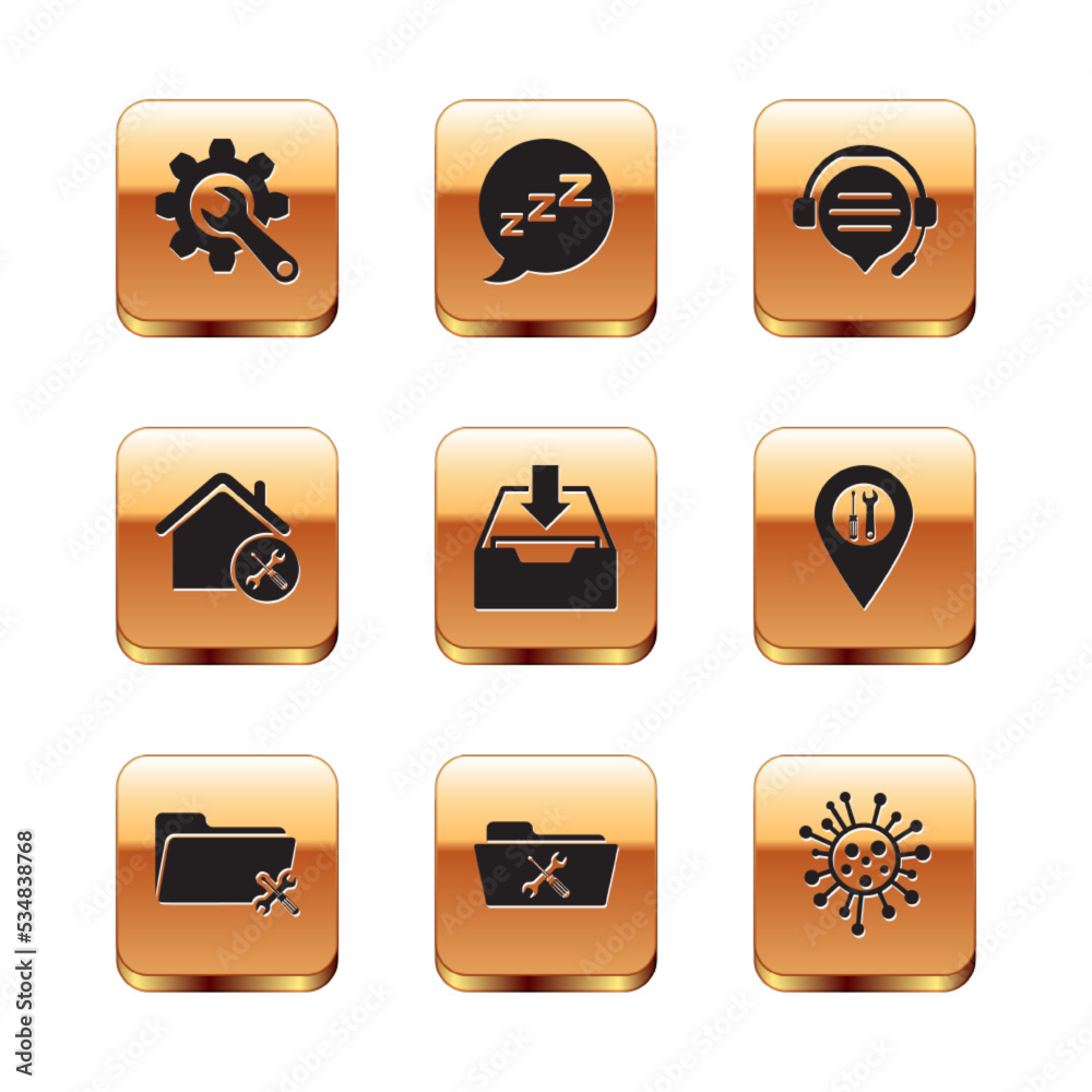 Set Wrench and gear, Folder service, Download inbox, House, Headphones with speech bubble chat, Bacteria and Speech snoring icon. Vector Set Wrench and gear, Folder service, Download inbox, House, Headphones with speech bubble chat, Bacteria and Speech snoring icon. Vector