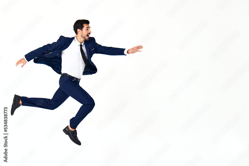Man business smile with teeth in costume running and jumping flying up open mouth happiness and surprise full-length on white isolated background copy space Man business smile with teeth in costume running and jumping flying up open mouth happiness and surprise full-length on white isolated background copy space